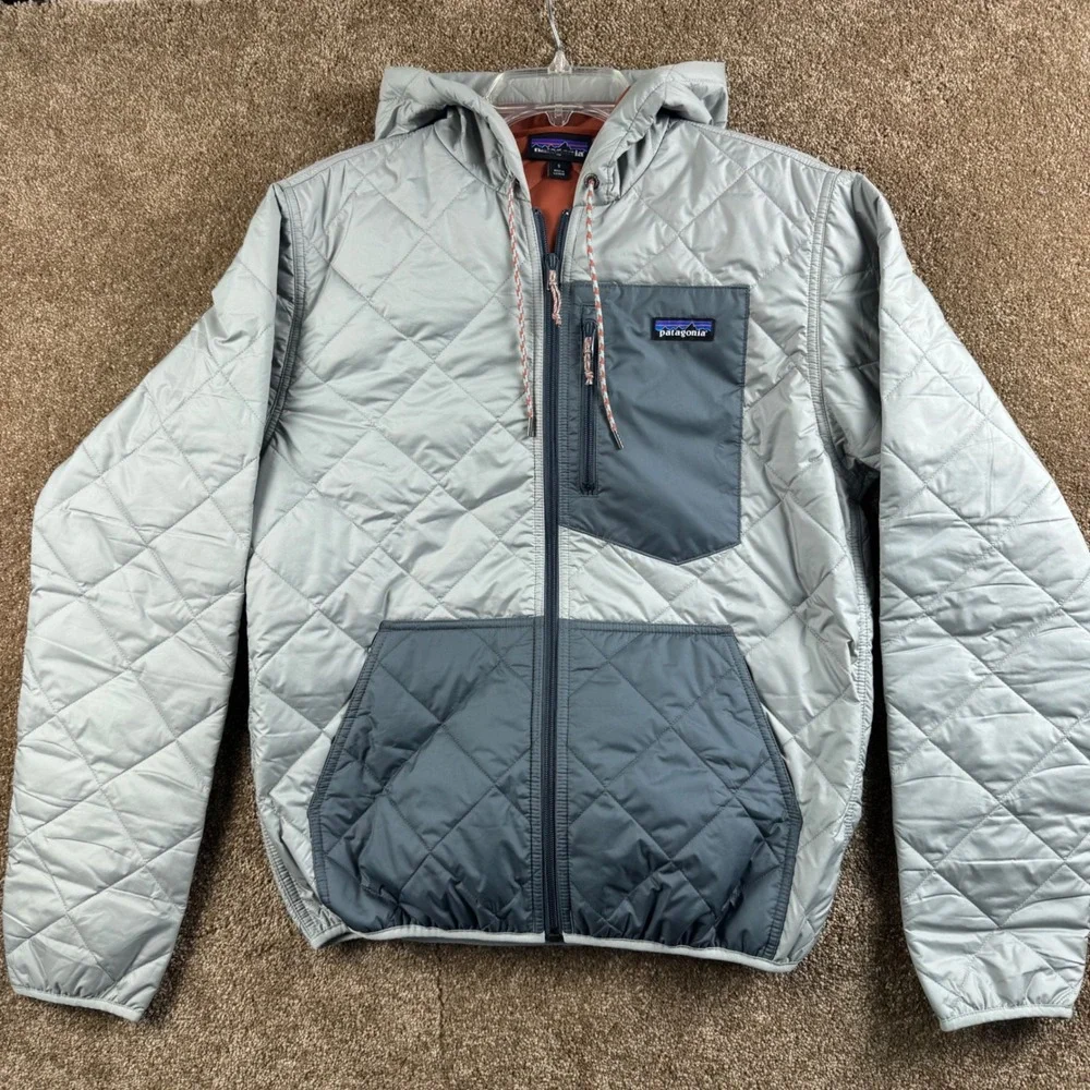 Patagonia Mens Diamond Quilted Bomber Hoody Grey Full Zip Insulated Jacket S